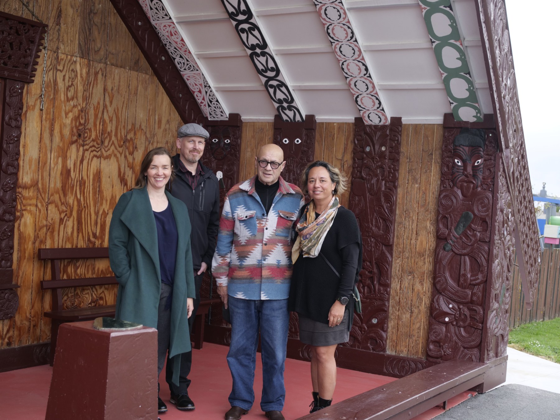 Te Unua Museum of Southland Museum Director Eloise Wallace, Te Unua Museum of Southland Team Leader Experience David Dudfield, Waihōpai Rūnaka Kaiwhakahaere (Chair) Cyril Gilroy, and Rūnaka Project Lead Keri Whaitiri at Murihiku Marae.