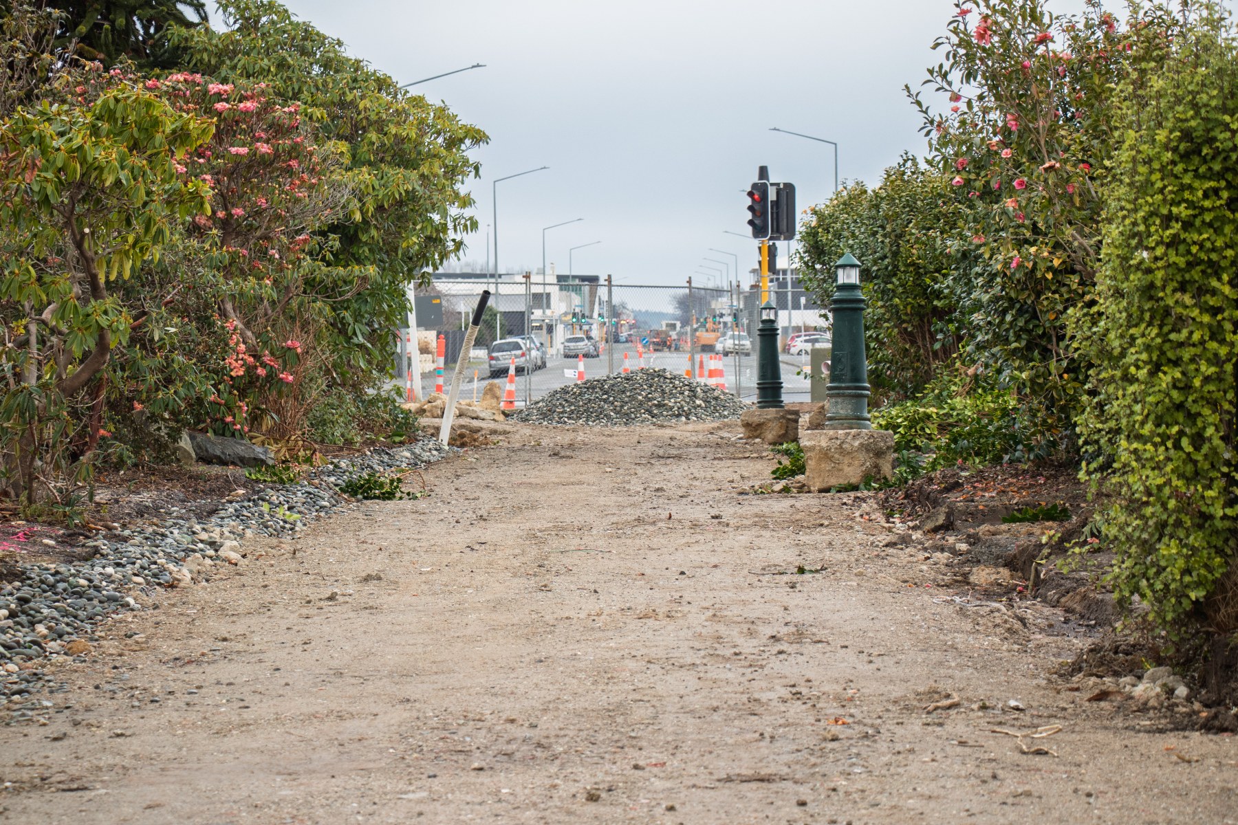 A new pathway under construction with a view of the CBD of Invercargill beyond it.