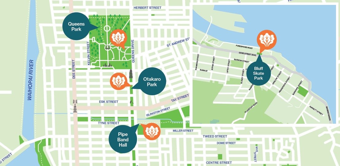 Map showing edible garden locations in Invercargill and Bluff. Vegetable garden sites are marked in Queens Park, Otakaro Park, Pipe Band Hall and Bluff Skate Park.