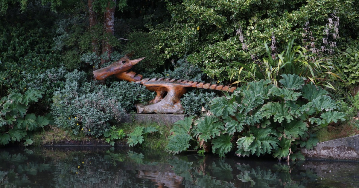 A wooden abstract sculpture with lizard-like features sits among greenery on the shady bank of a pond.
