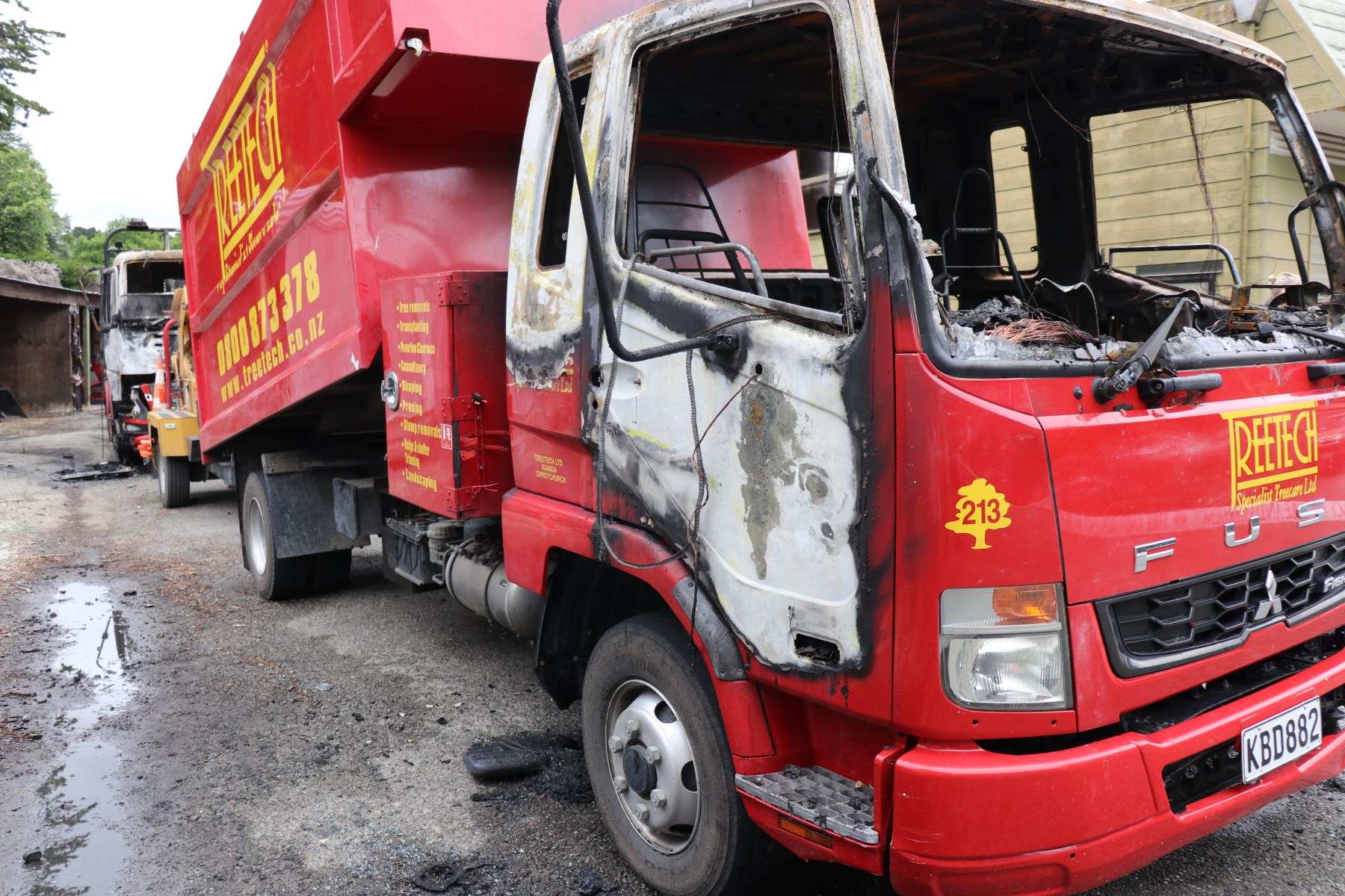 A truck damaged by fire.