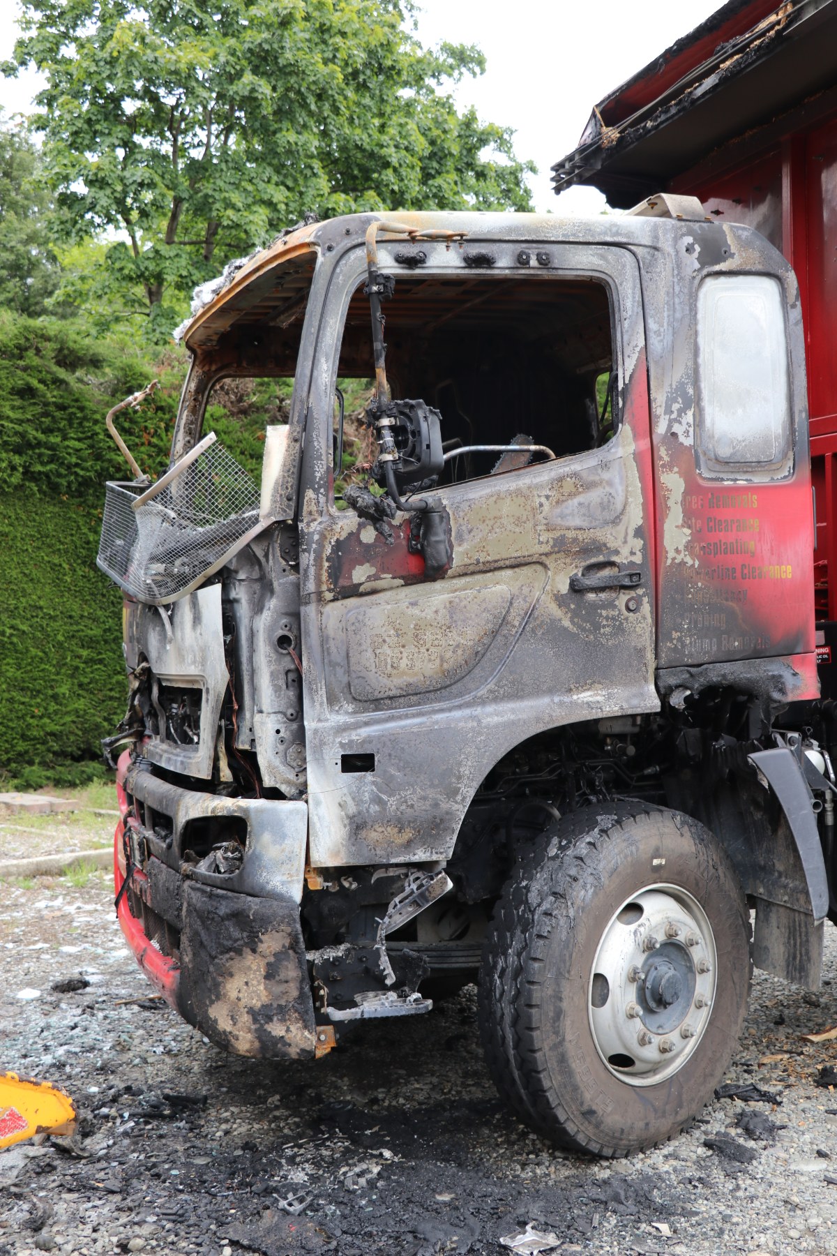 A truck damaged by fire.